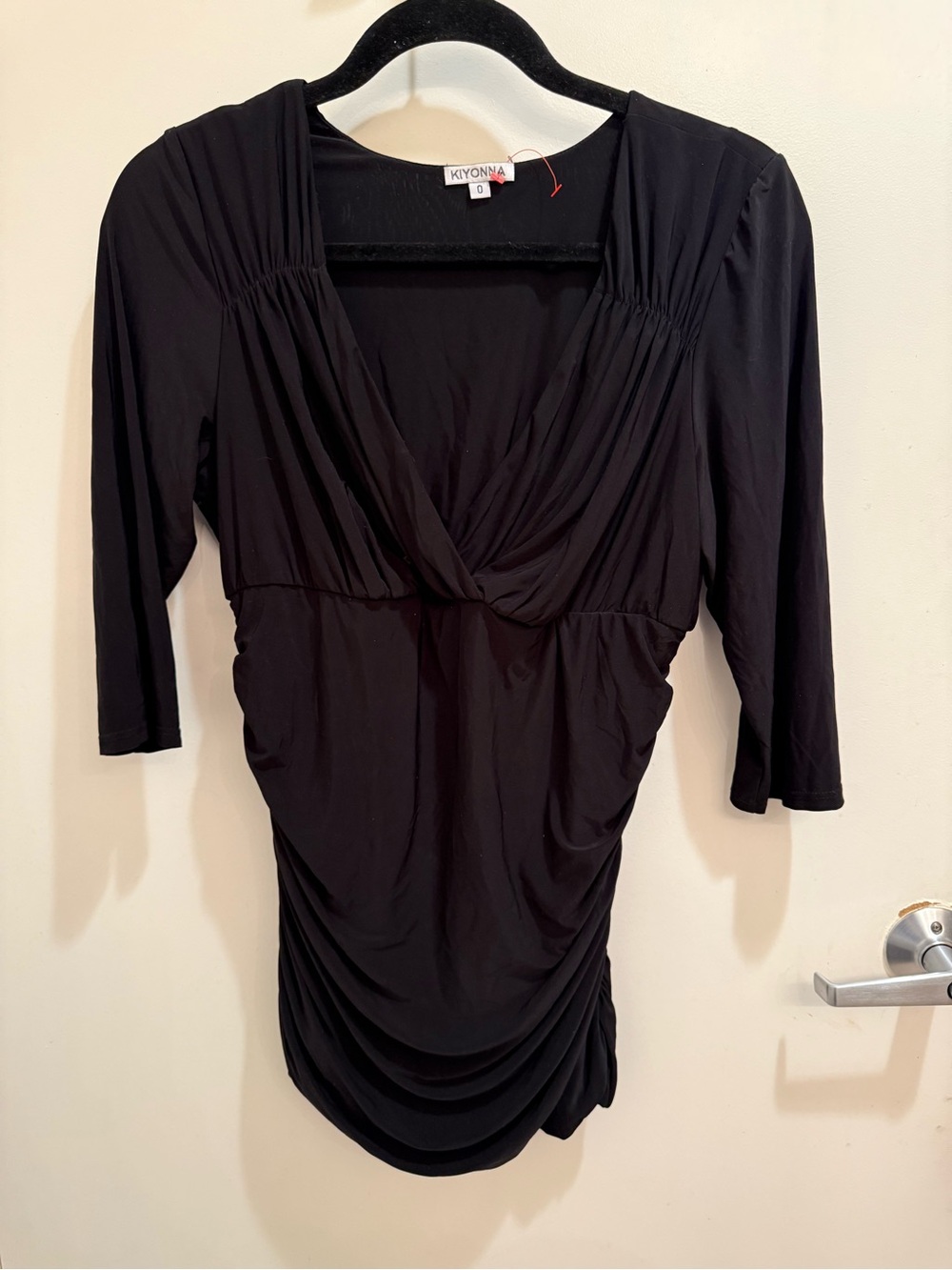 Kiyonna Black Ruched Draped V-Neck Long Sleeve Top